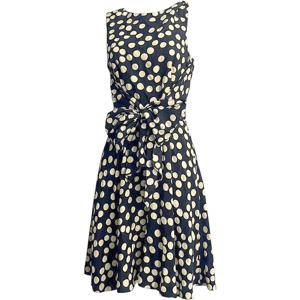 Geary Roark Vintage Polka Dot Fit and Flare Dress Navy Blue Cream Bow Size 4